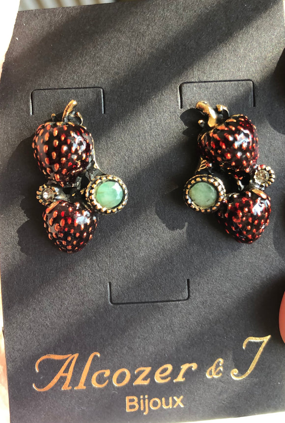 Alcozer Strawberry Earrings | Enamel | Emeralds | Swarovski
