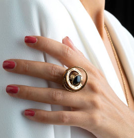 Alcozer Armillary Ring With Onyx And Amethyst