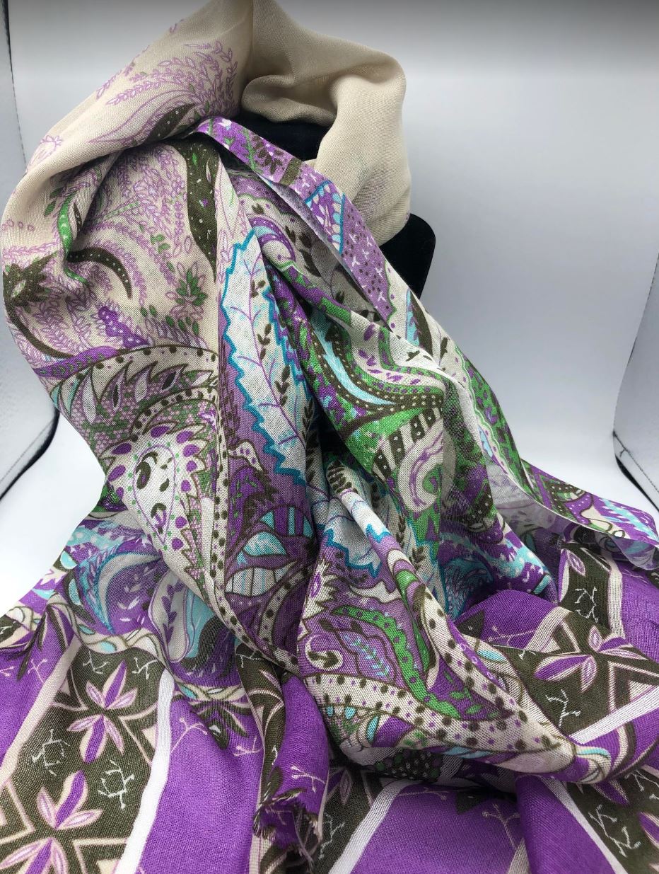 Long Thin Winter Scarf / Wool, Silk / Paisley Print Scarf