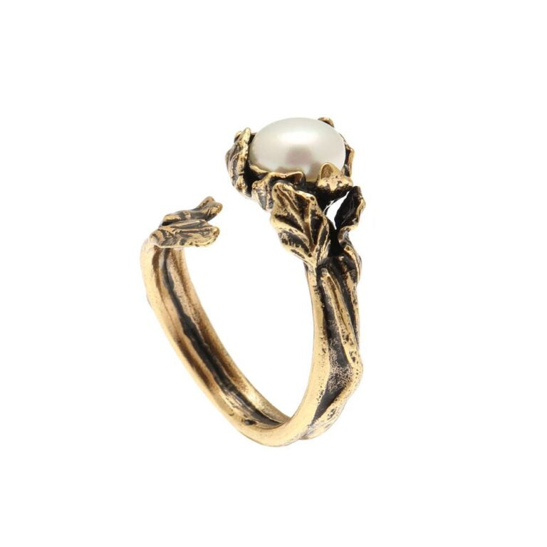 Alcozer Jasmine Ring - Handmade Italian Brass with Pearl