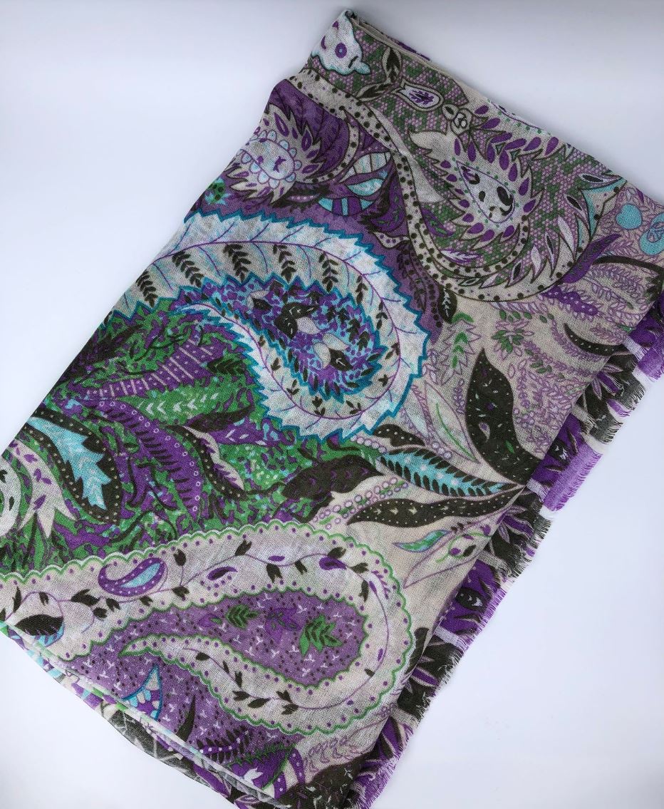 Long Thin Winter Scarf / Wool, Silk / Paisley Print Scarf