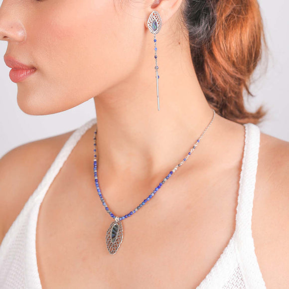 Nature Bijoux Nerve Plant Leaf Chain Earrings / Brass, Lapis Lazuli, Paua / Blue / Fittonia