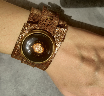 Cristalida Wide Women`s Leather Cuff Bracelet / Adjustable / Gold and Black /Bonaire - JOYasForYou