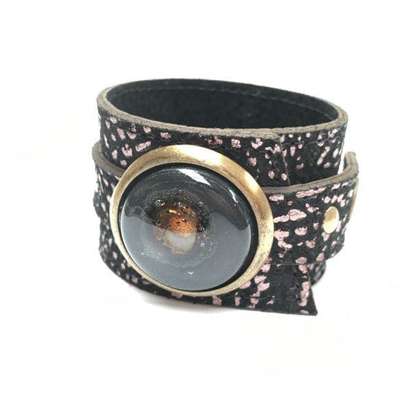 Cristalida Women`s Black Leather Bracelet / Leather / Adjustable / Black - Gold / Bonaire - JOYasForYou