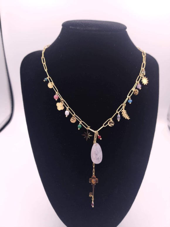 Habana Paris Chain Short Necklace / Stainless Steel, Pearl, Natural Stones / Tie Necklace / Flower Pendant - JOYasForYou