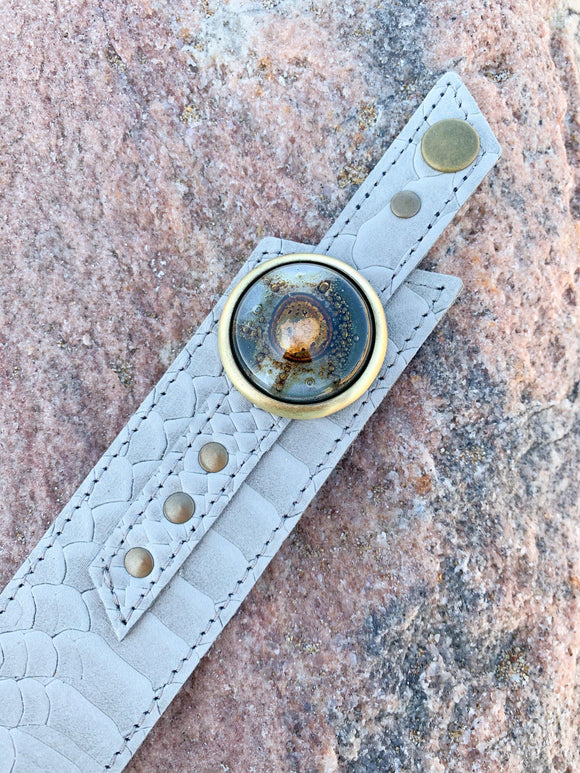 Cristalida Women`s Leather Wristband - Adjustable - Grey - Width 1.6 Inches - Jewelry - Bonaire - JOYasForYou