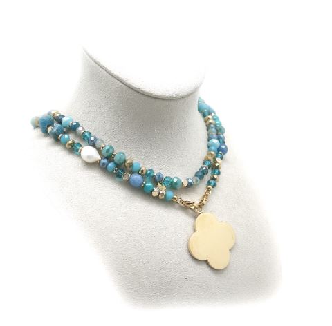 Habana Paris Flower Pendant Blue Apatite Long Necklace