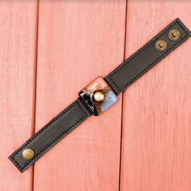 Black leather bracelet with colorful fused glass