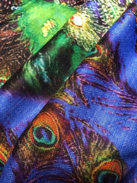 modal scarf peacock pattern bright blue and black