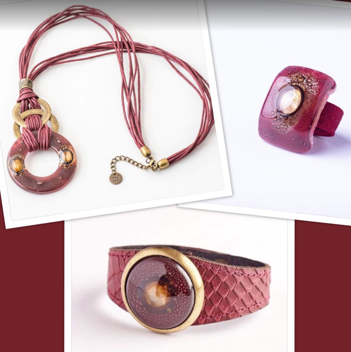Cristalida Burgundy Jewelry Set, Bracelet / Long Necklace / Ring