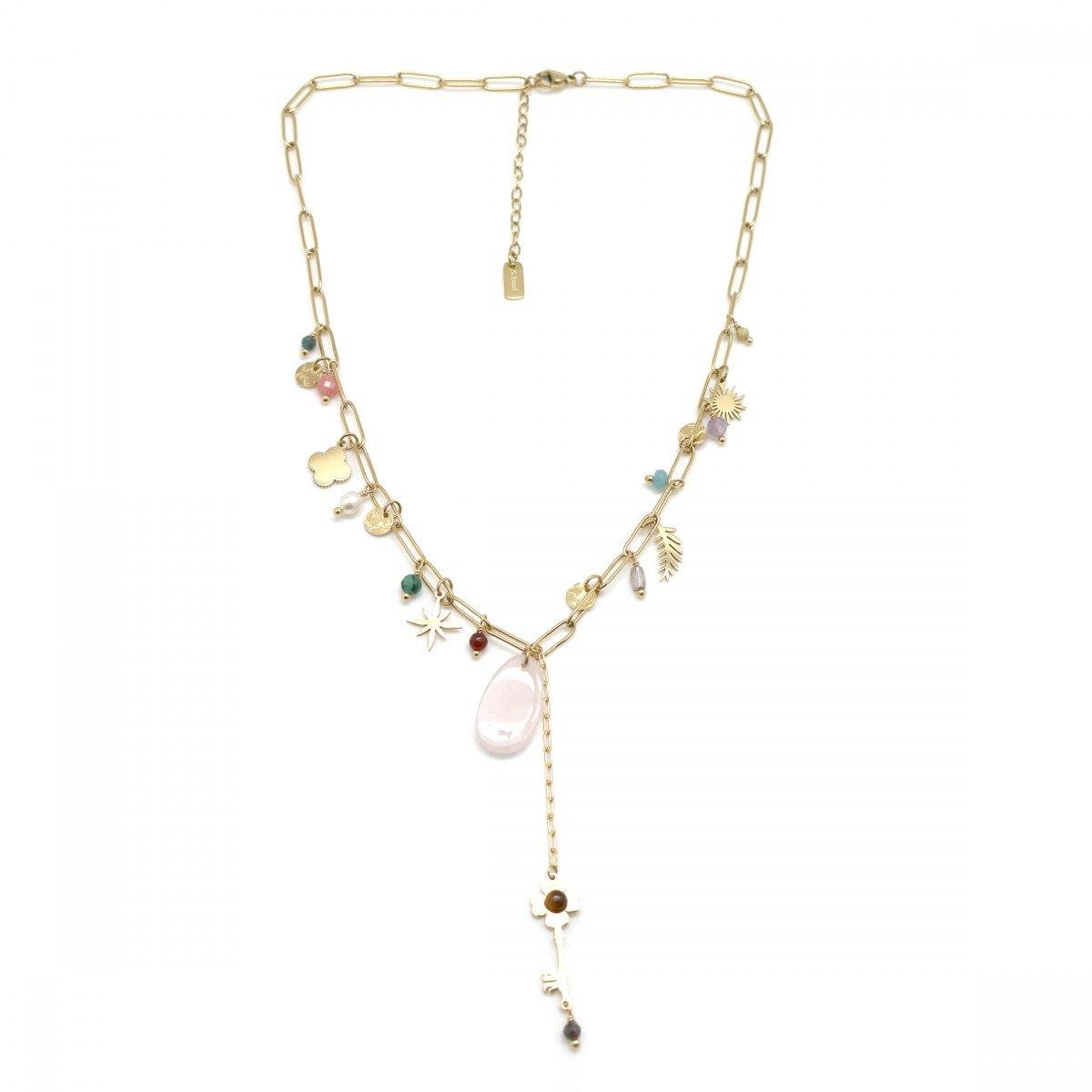 Habana Paris Chain Short Necklace / Stainless Steel, Pearl, Natural Stones / Tie Necklace / Flower Pendant - JOYasForYou