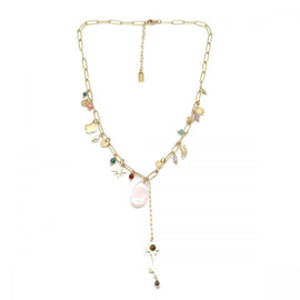 Habana Paris Chain Short Necklace / Stainless Steel, Pearl, Natural Stones / Tie Necklace / Flower Pendant - JOYasForYou
