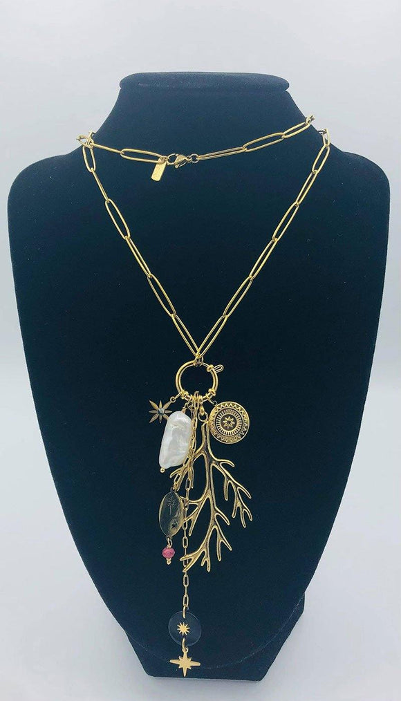 Habana Paris Chain Long Necklace / Stainless Steel, Pearl, Natural Stones / Coral Pendant - JOYasForYou