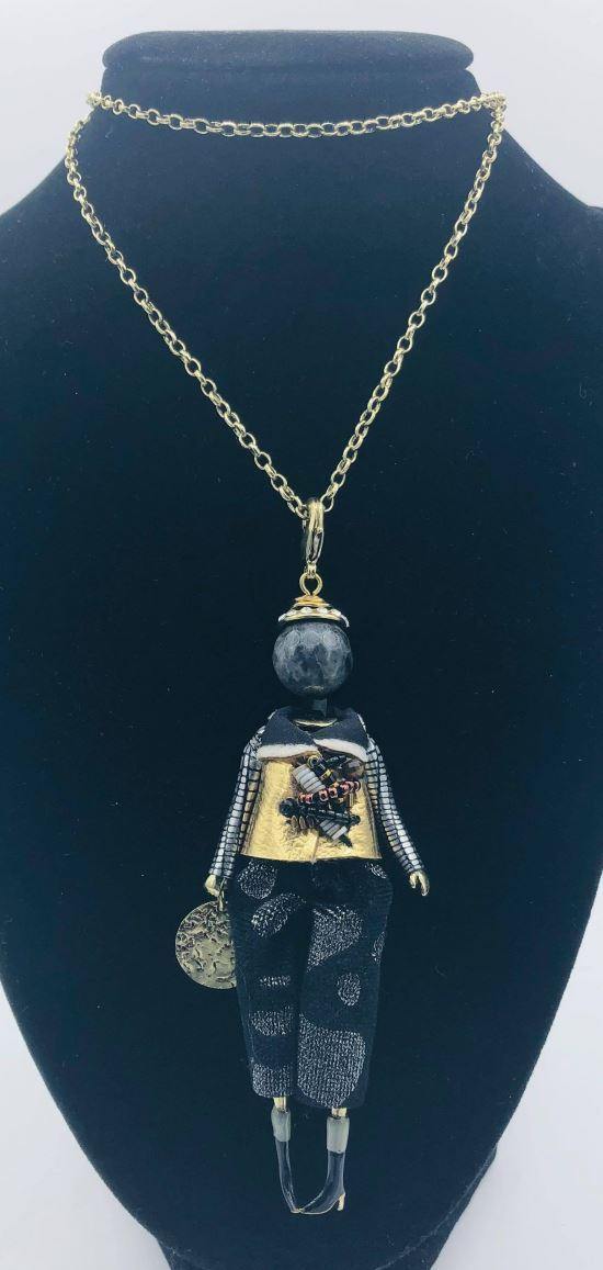 Moon C Doll Pendant on a Long Chain, Natural Stone, Fabric, Metal / Black / 4 Inches / Gift Idea - JOYasForYou