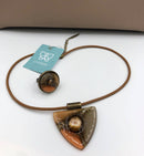 2 pieces jewelry set, fused glass triangle pendant on a leather cord and adjustable ring in beige and orange colors