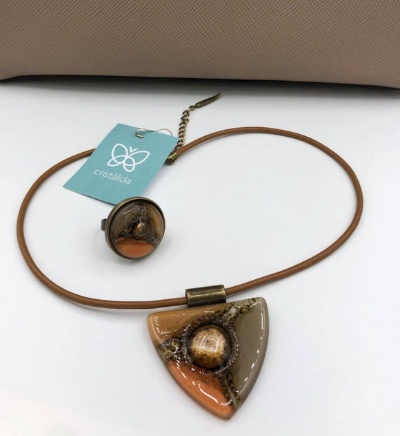 2 pieces jewelry set, fused glass triangle pendant on a leather cord and adjustable ring in beige and orange colors