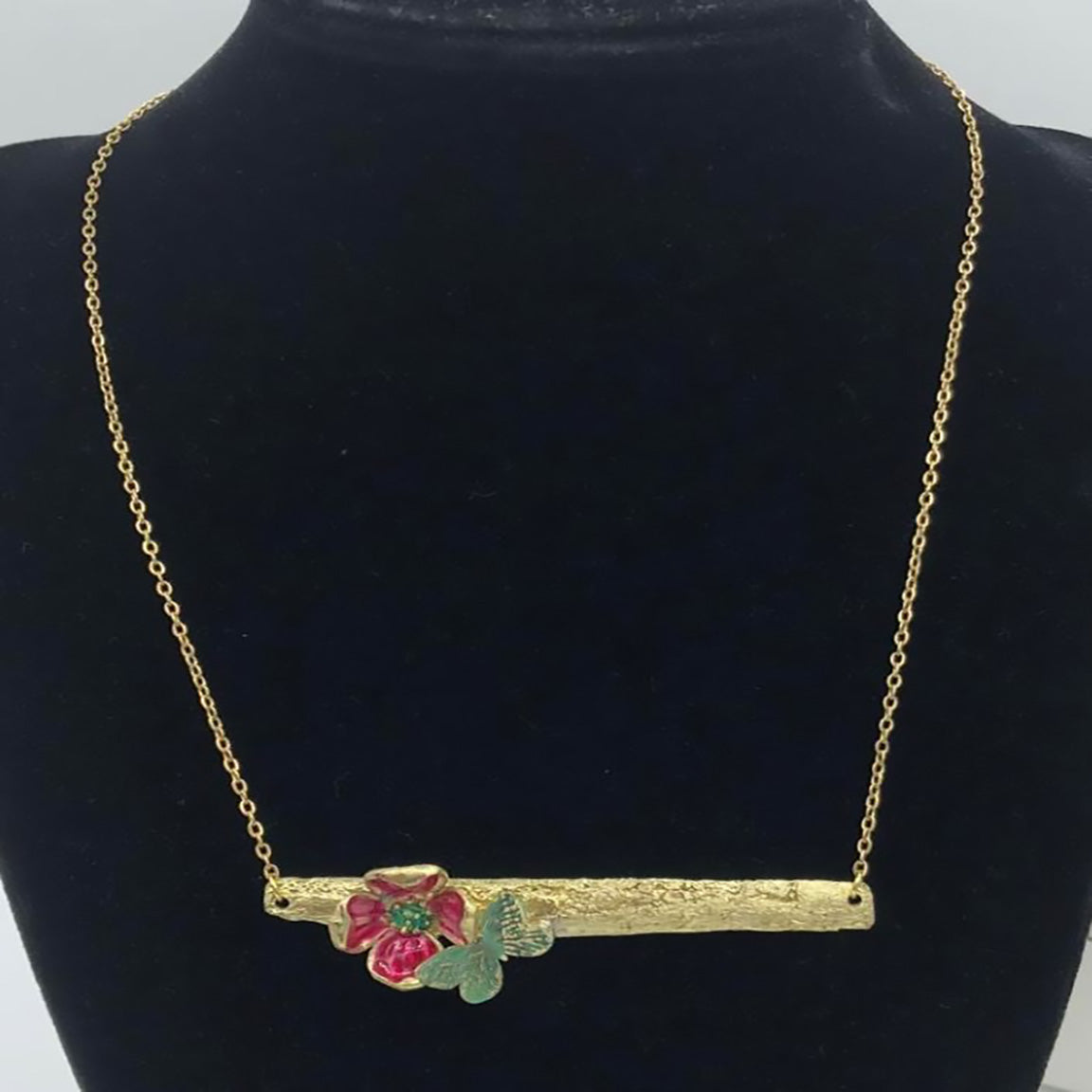 Kalliope Flower Butterfly Brass Necklace - Enamel