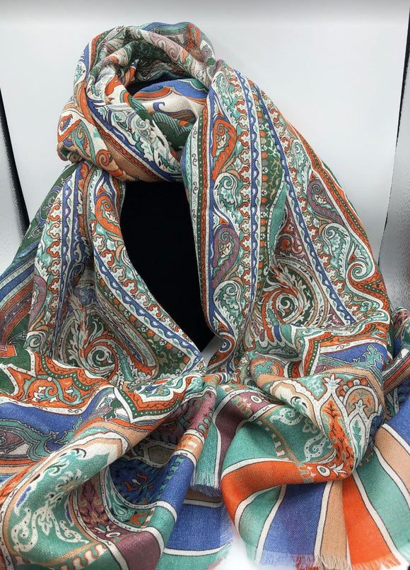 Green Multicolor Wool Silk Scarf | Versatile Fashion Accessory