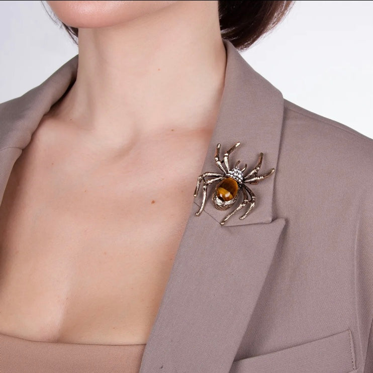 Moon C Tiger Eye Spider Brooch - 0