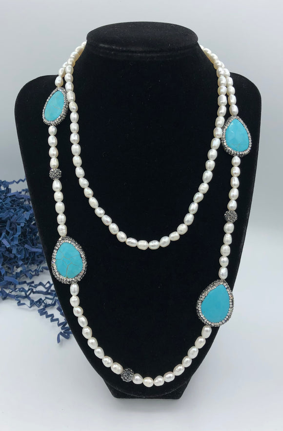 Habana Paris Long Pearl Turquoise Necklace