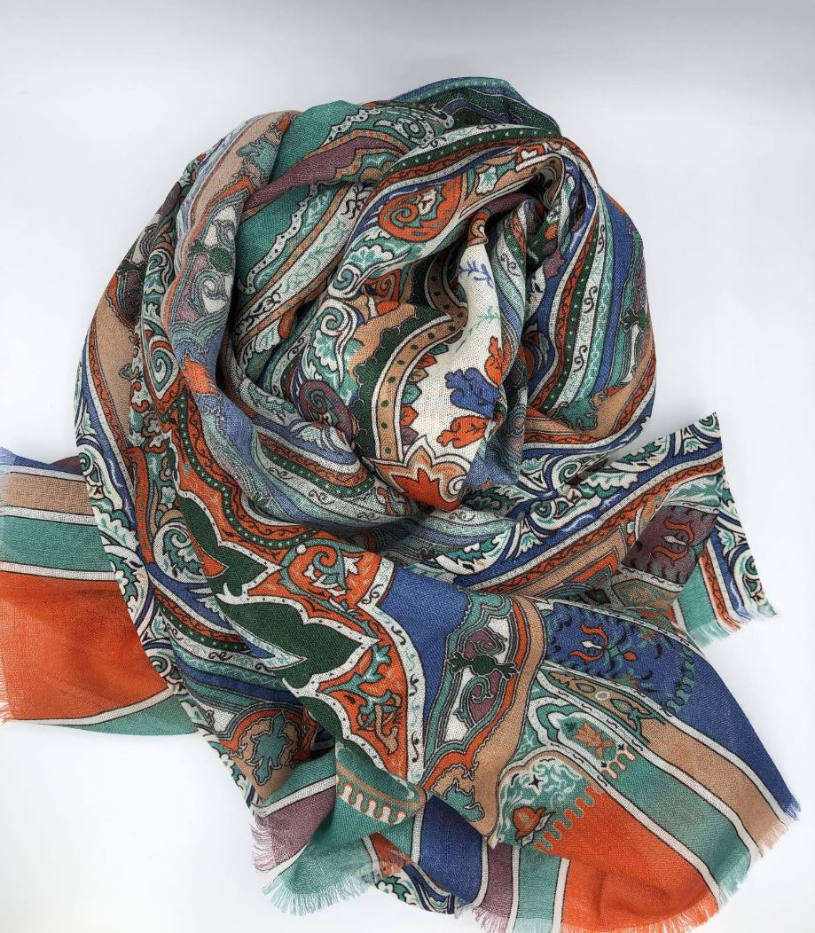 Green Multicolor Wool Silk Scarf | Versatile Fashion Accessory