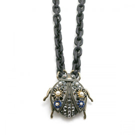 Moon C Ladybug Pendant on a Long Resin Chain/ Black / Resin, Brass, Crystals /  Gift Idea - JOYasForYou