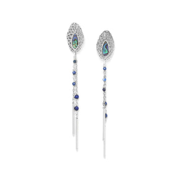 Nature Bijoux Nerve Plant Leaf Chain Earrings / Brass, Lapis Lazuli, Paua / Blue / Fittonia