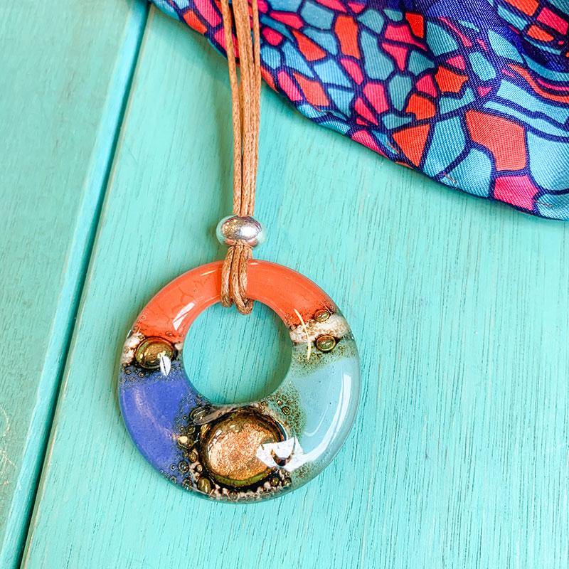 Cristalida Long Necklace With Small Fused Glass Pendant / Cotton Cord / Blue, Aqua, Orange / Baru - JOYasForYou