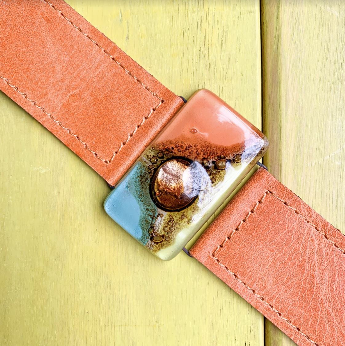 Cristalida Orange Bracelet For Women- Leather, Fused Glass -3 Cm