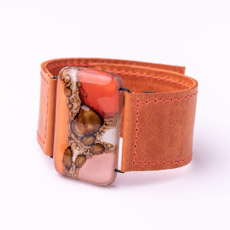 Cristalida Fashion Bracelet For Women- Orange, Pink - Leather, Fused Glass - Width 1.1 Inches / 3 Cm - JOYasForYou