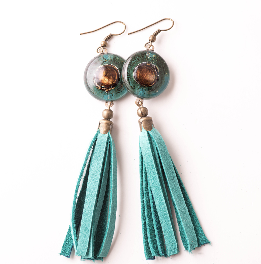 Cristalida Praga Earrings Emerald, Fringe Leather Earrings