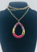 Habana Paris Leather Drop Pendant On a Long Chain Necklace / Stainless Steel, Leather / Red, Burgundy, Gold - JOYasForYou