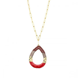 Habana Paris Leather Drop Pendant On a Long Chain Necklace / Stainless Steel, Leather / Red, Burgundy, Gold - JOYasForYou