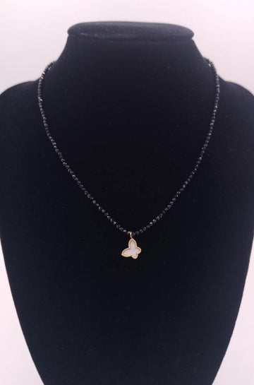 Habana Paris Fashion Short Necklace / Onyx, Agate, Stainless Steel,  / Butterfly Pendant /Black - JOYasForYou