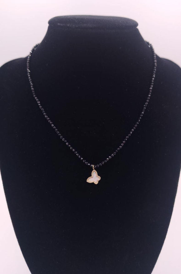 Habana Paris Fashion Short Necklace / Onyx, Agate, Stainless Steel,  / Butterfly Pendant /Black - JOYasForYou