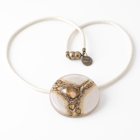 Cristalida Fashion Necklace / Fused Glass, Leather Cord / White / Round Pendant / Mallorca